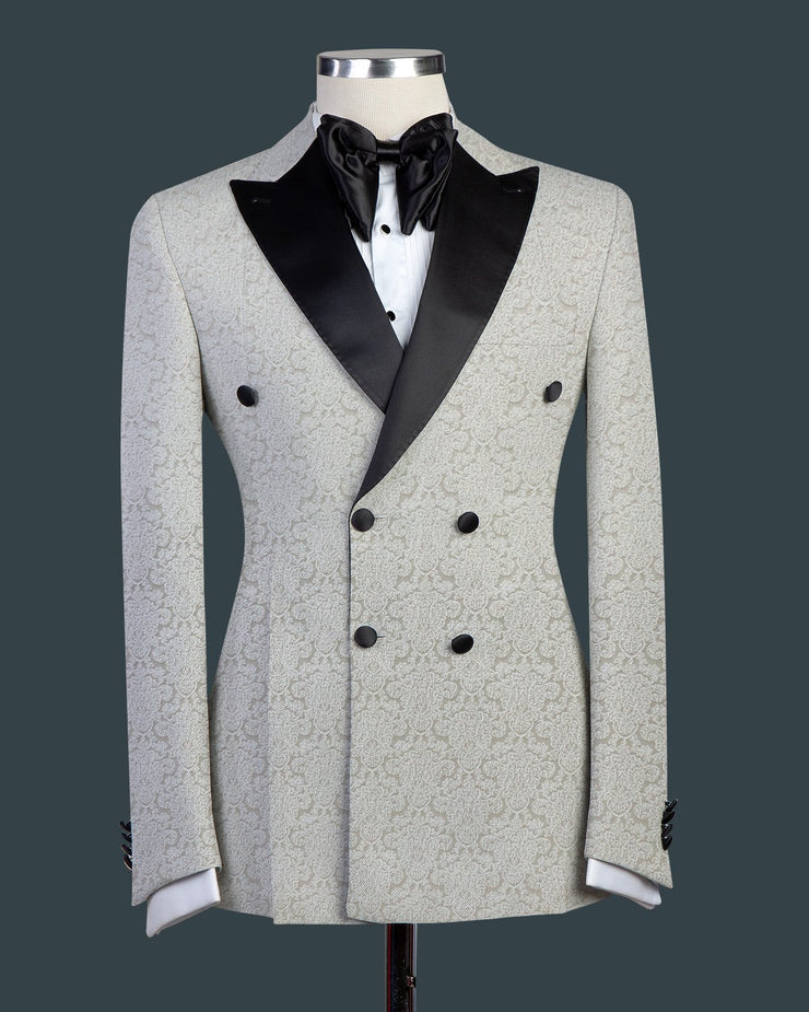 White Jacquard Double Breasted 2 Piece Tuxedo